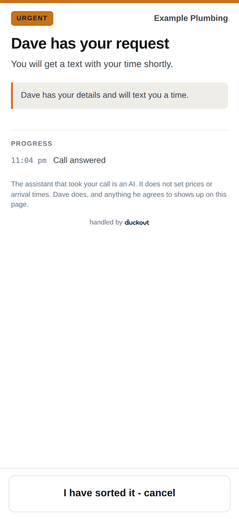 The customer's job page for the Example Plumbing call